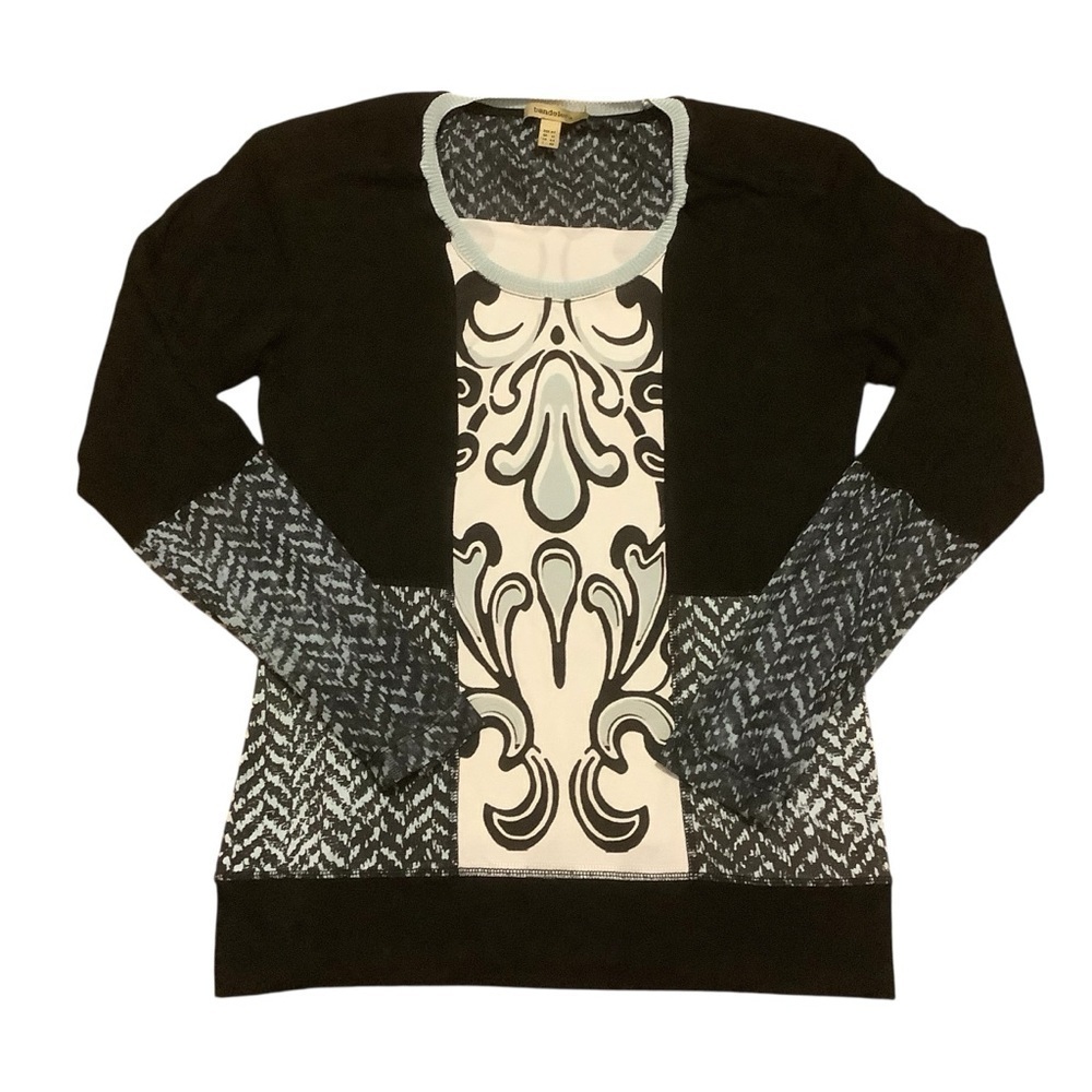 BANDOLERA BLACK & WHITE PATTERNED LONG SLEEVE SHEER PANELS TOP/ Size M (EUR 42) - Picture 7 of 10